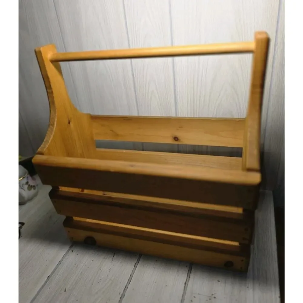 Vintage Handmade Wooden Slat Storage Basket Caddy With Handle Farmhouse Country